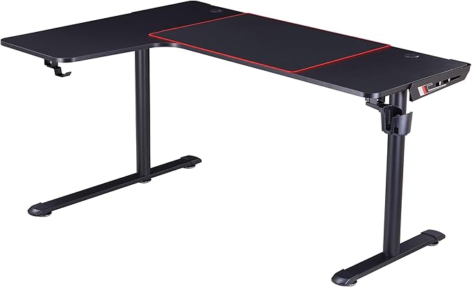 Homes: Inside + Out Kindira Modern Steel Gaming Desk with USB Ports PC Mouse Pad and Rotatable Cup-Holder for Home Office Classroom Study Room Black L-Shape