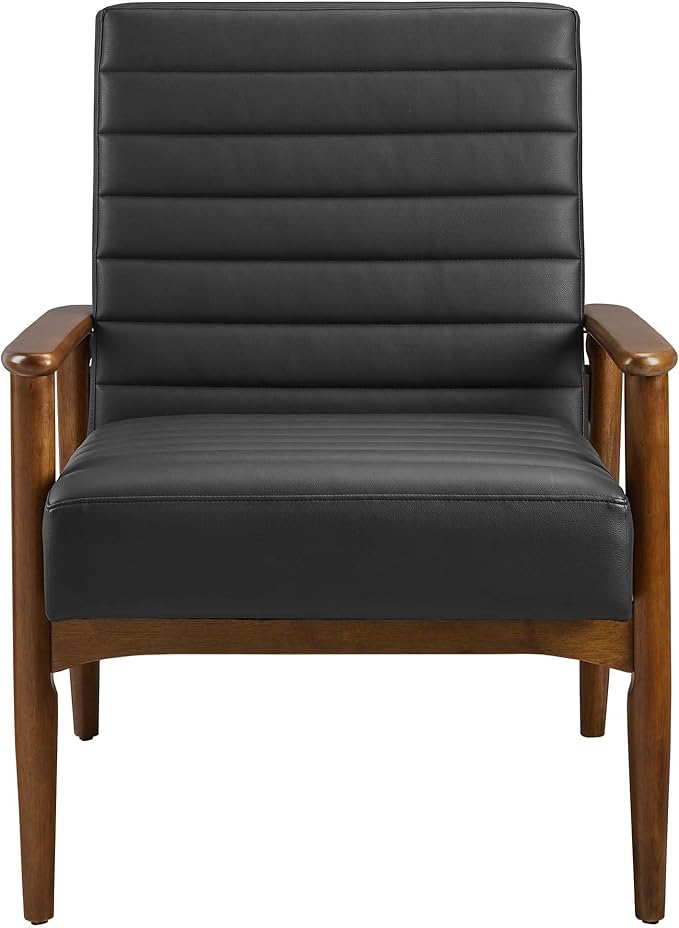 Modway Jensen Vegan Leather Accent Chair in Walnut Black - Mid-Century Modern Armchair with Solid Wood Legs &amp Armrest - Upholstered Faux Leather Single Side Chair - Reading Chair for Living Room