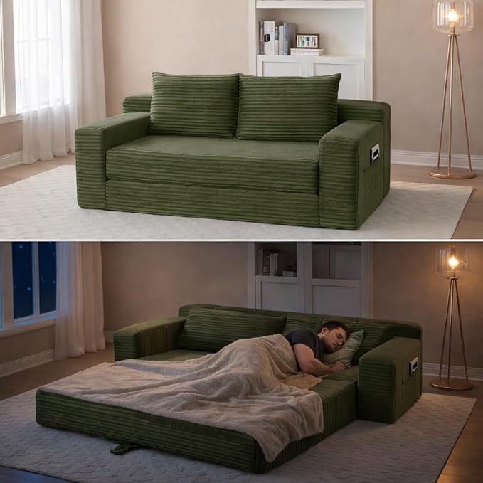 73INCH 2 in 1 Convertible Folding Couch Bed Corduroy Sleeper Sofa with Pull-Out Bed No Assembly Floor Sofa for Living Room Apartment &amp Small Spaces (Green)