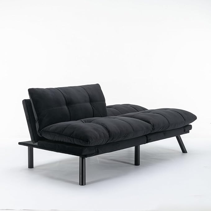 Anwick Futon Sofa Bed Velvet Convertible Futon Sleeper Couch 71 Sleeper Sofa Bed with Adjustable Backrest Modern Loveseat Couch for Compact Living Room Apartment Office (Black-New)