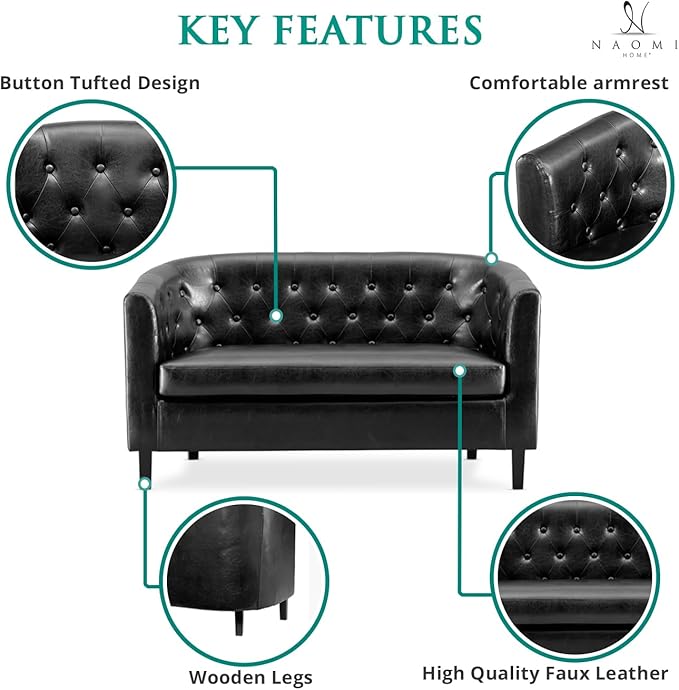 Emma Modern Loveseat Sofa – Faux Leather Love Seat Couch with Plush Cushions Solid Wood Frame Button-Tufted Design Stain-Proof Upholstery Small Loveseat for Bedroom Office &amp Small Spaces