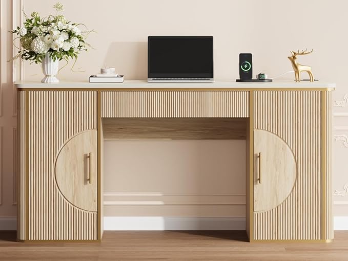 60 Fluted Computer Desk Wooden Long Home Office Writing Desk with Drawer &amp Storage Cabinet Modern Writing Table with Charging Station High Executive Desk for OfficeBedroom Nature Oak