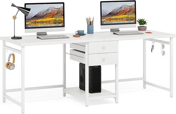 Tribesigns 79 Inch Extra Long Double Desk with 2 Drawers Two Person Computer Desk with Storage Shelves Writing Table Study Desk for Home Office White