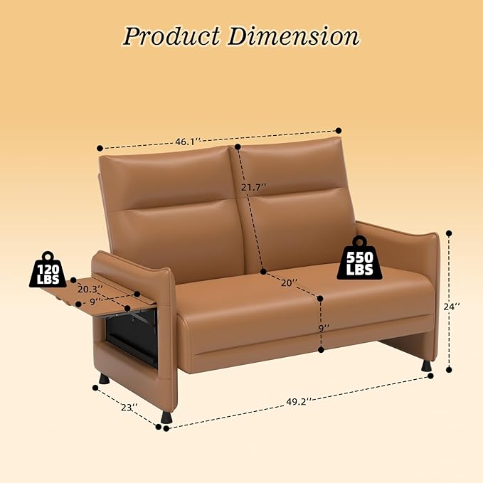 Faux Leather Small Loveseat Sofa Small Sofa 2 Seater Couch with Flip Up Tray Table Side Pockets Elastic Cushion Perfect Loveseat Couch for Bedroom Living Room or Office Brown