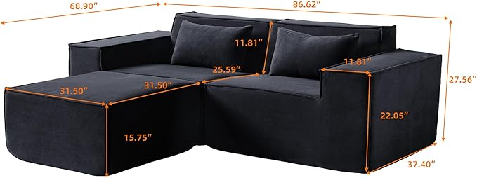 JACH 86.62 Modular Sectional Couch Huge Plus Love Seat Sofa Modern Comfy Cloud Couches with Reversible Chaise Ottoman Sofa Furniture for Living Room Office Apartment Black