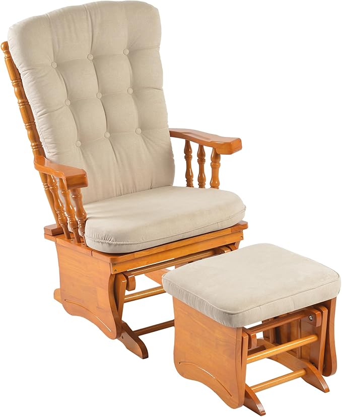 Anti-Pinch Solid Wood Hand Glider Rocking Chair Set with Ottoman Padded Cushion Rustic Rubber Wood Nursery Glider for Nursing Relaxing Living Room Bedroom Honey Colored