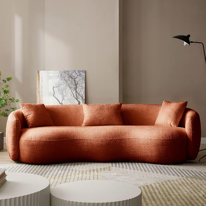 WILLIAMSPACE 93.6 Curved Sofa Modern Upholstered Boucle Curved Couch with 3 Throw Pillows 3-Seat Sofa Couch for Living Room Apartment (Orange)
