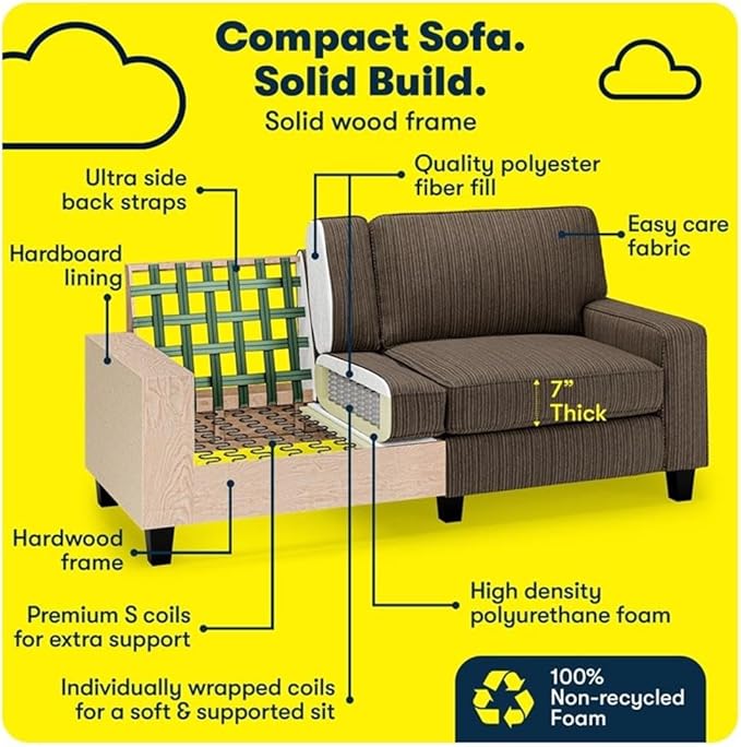Pemberly Row Modern 73 Track Arm Sofa Removable Covers Brown Polyester Upholstery Space-Saving Design Solid Wood Frame Comfortable Seating for Living Room Home Office or Small Apartments