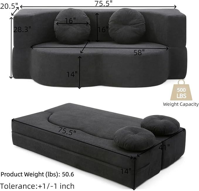 76 Convertible Folding Sofa Bed 2-in-1 Twin Size Loveseat Sleeper Couch Bed with Two Pillows Foldable Space-Saving | Design for Dorms Apartments BedroomNo Assemble(Black)