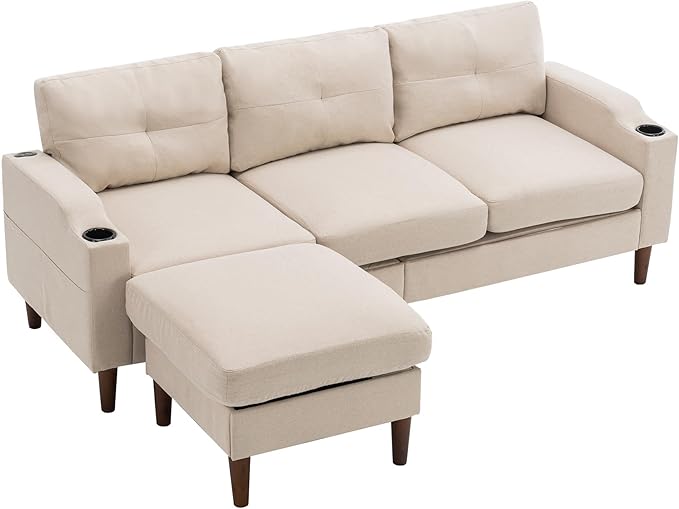 Dolonm L-Shape Modern Sofa Sectional Couch with Built-in USB Port and Convenient Cup Holder 3-Seater Sofa with Storage Ottoman Couch for Living Room Office Apartment Beige