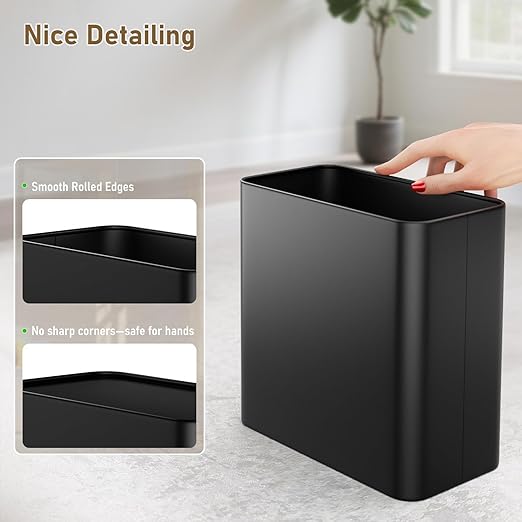 Small Bathroom Trash Can 2.4 Gallon Wastebasket Slim Metal Garbage Can Matte Black Stainless Steel Trash Bin for BedroomOfficeKitchenToilet rv Near Desk Under Sink