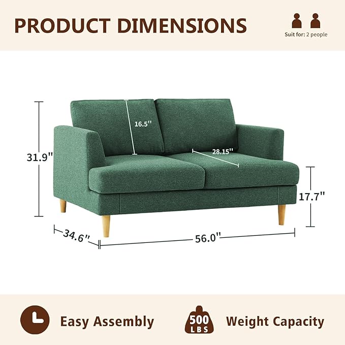 Loveseat Sofa 56 Mid Century Modern Small Couches for Small Spaces Love Seat with 2-Seat Upholstered Cushion Sofa Couches for Bedroom Living Room Apartment Office (Green)