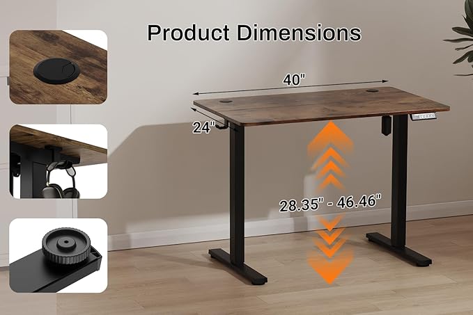 Standing Desk Electric Height Adjustable Desk 39.37 x 23.6 Inches Sit Stand up Desk Computer Home Office Desk Memory Preset with Two-Piece Desktop (Vintage Brown 40 * 24 Inch)