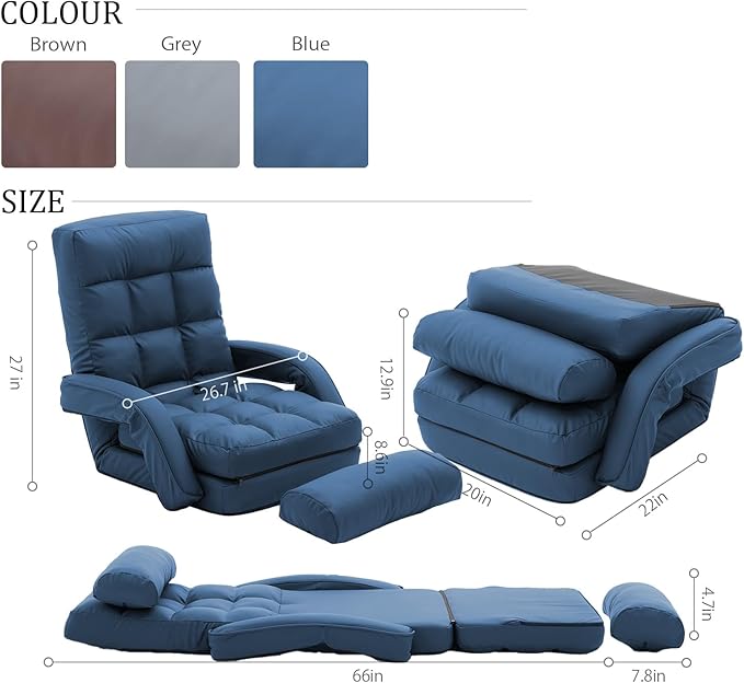 FLOGUOR 14-Position Adjustable Floor Chair Chaise Lounge Indoor Folding Lazy Sofa with Armrests and a Pillow Padded Adults Gaming Chairs for Living Room Bedroom Factory Price8803 (Blue（PU）)