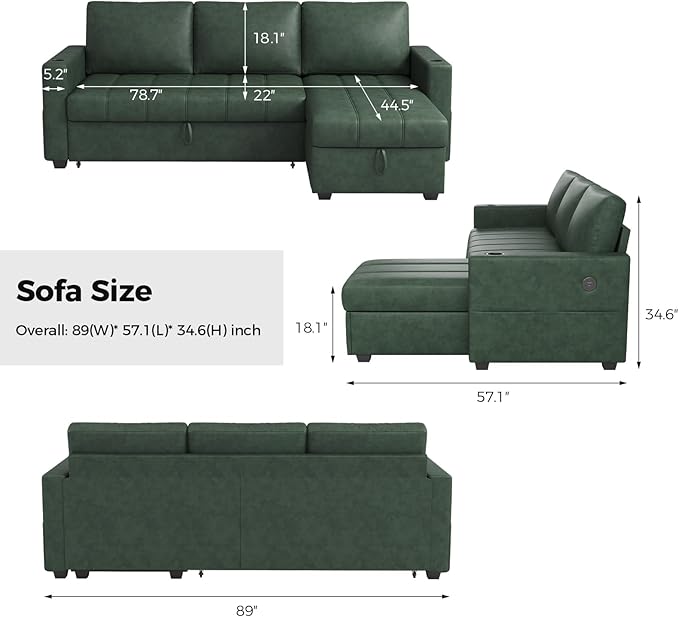 89 inch L-Shaped Sectional Sofa Sleeper with Storage Space &amp Side Pocket Anti-Scratch Faux Leather Couch Bed with USB Port &amp Cup Holder Modern Piano Design Pull Out Bed for Living Room