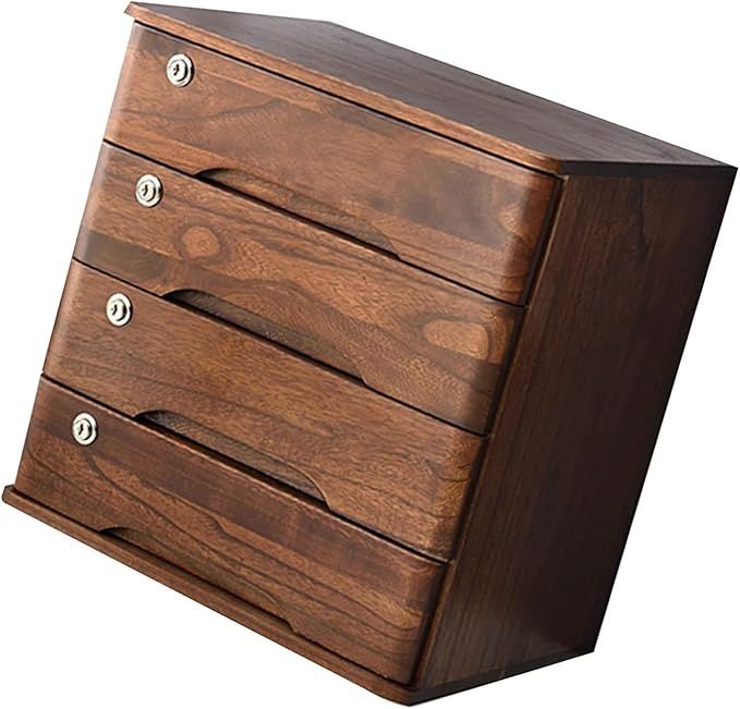 Solid Wood Storage Box Desk Organizers With LockFile Cabinet Office Desktop Debris Storage Box Locking Filing Cabinet 2/3/4 Drawers (4 Layer)