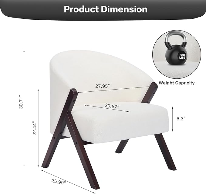 PU Leather Mid-Century Modern Accent Chair with Wooden Legs Comfortable Upholstered Reading and Leisure Chair for Living Room Bedroom and Waiting Room-White
