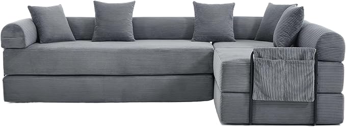 106 Oversized Convertible Sleeper Sofa Bed Corduroy L Shape Sectional Couch Folding Sofa Bed with Side Pocket Modern Cloud Floor Mattress Couch Modular Sofa for Living Room Gray