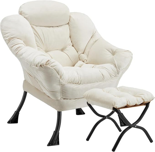 Lazy Chair with Folding Ottoman Modern Large Accent ChairContemporary Lounge Leisure Sofa Chair with Armrests Upholstered Sofa Armchair Reading Chair for BedroomDorm &amp Office (Beige-f)