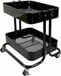 2 Tier Cart with Wheels Heavy Duty Metal Rolling Storage Cart for Under Desk Storage Short Small Utility Shelf for Pantry Kitchen Bathroom Laundry Home Organizer with Large Basket Black