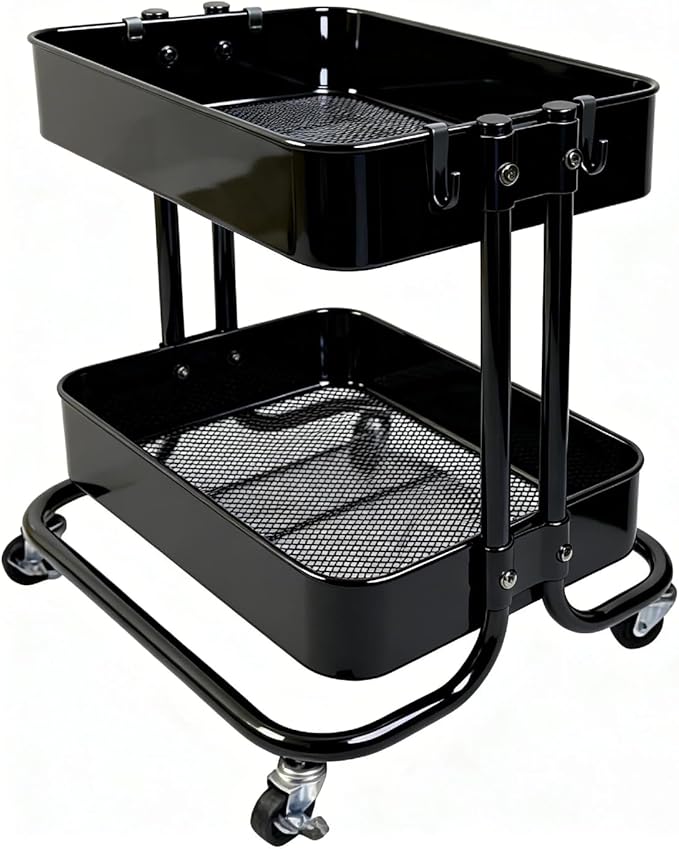 2 Tier Cart with Wheels Heavy Duty Metal Rolling Storage Cart for Under Desk Storage Short Small Utility Shelf for Pantry Kitchen Bathroom Laundry Home Organizer with Large Basket Black