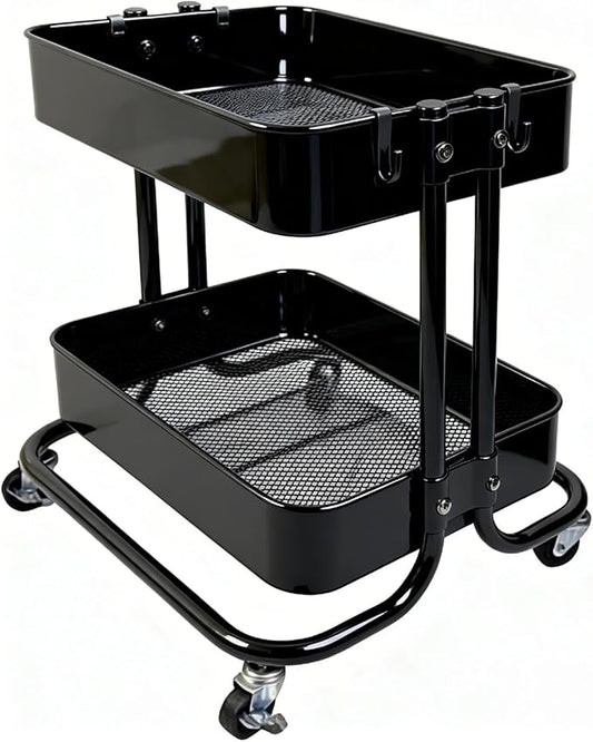 2 Tier Cart with Wheels Heavy Duty Metal Rolling Storage Cart for Under Desk Storage Short Small Utility Shelf for Pantry Kitchen Bathroom Laundry Home Organizer with Large Basket Black