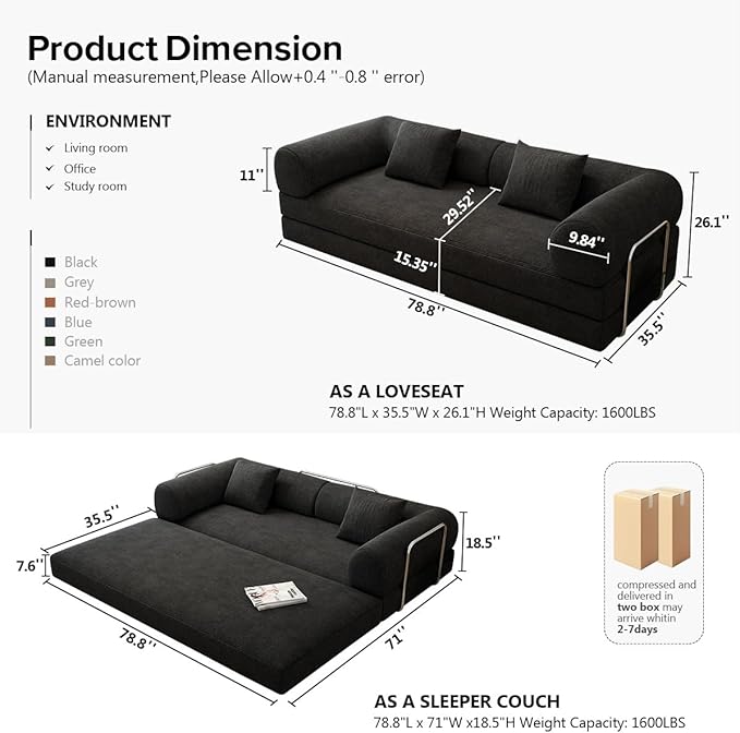 78.8 Modular Sofa Bed - 4-in-1 Convertible Design with Corduroy Fabric and High Density Sponge Removable Cover and Fixed Frame