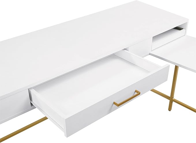 OSP Home Furnishings Modern Life Contemporary L-Shaped Desk with Large Drawer and Built-in Power Charging Port White