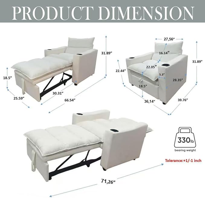 Sleeper Chair 3 in 1 Convertible Pull Out Chair Sleeper with Bracket and Cup Holder Chairs Bed Sleepers for Adults Adjustable Sofa Bed Chairs for Living Room Small Spaces Beige