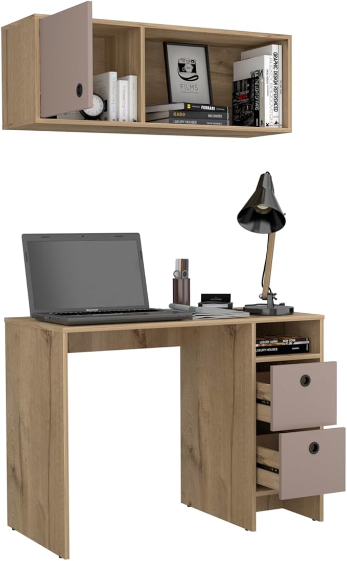 Khali 2-Pc Office Set - Light Oak/Taupe: Spacious Desk &amp Wall Cabinet for a Home Office