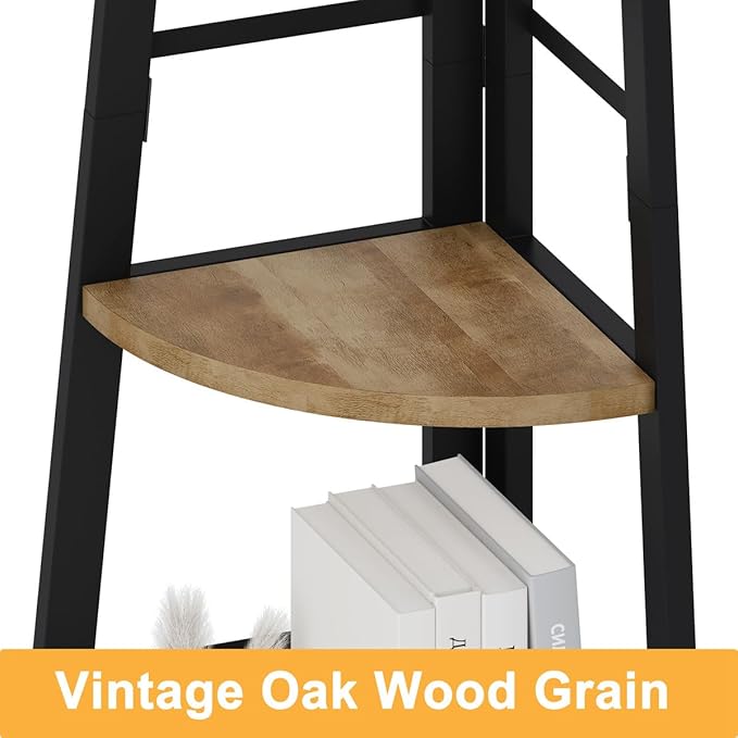 BON AUGURE Industrial Home Office Desks Rustic Wood Computer Desk Corner Ladder Shelf 5 Tier Metal Wood Corner Bookshelf Tall Corner Shelf Plant Stand for Living Room
