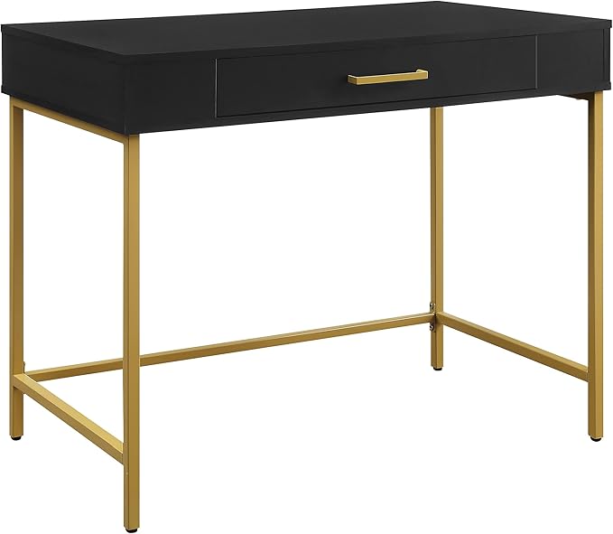 OSP Home Furnishings Modern Life Contemporary Writing Desk with Large Drawer and Gold Metal Legs Black Finish