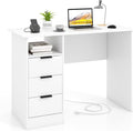 NAFORT Home Office Computer Desk with 3 Storage Drawers Writing Table with Storage Shelf Gaming Desk with Charging Station Laptop PC Desk with Power Outlet for Small Space White