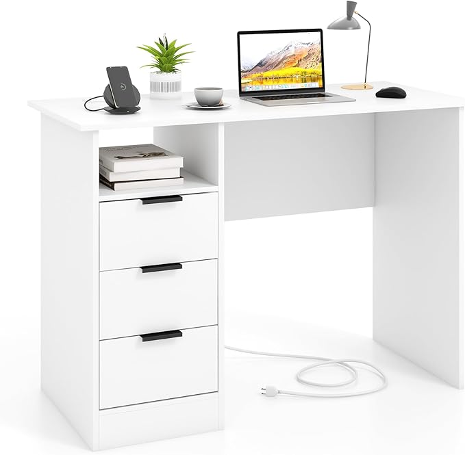 NAFORT Home Office Computer Desk with 3 Storage Drawers Writing Table with Storage Shelf Gaming Desk with Charging Station Laptop PC Desk with Power Outlet for Small Space White