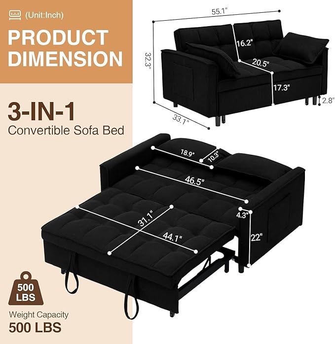 3 In 1 Corduroy Convertible Sofa BedPull Out Couch Bed with Reclining Backrest And 2 Pillows 54 Full Size Loveseat Sleeper Sofa Futon Couch Bed Couches For Small Spaces Living Room (Black ①)