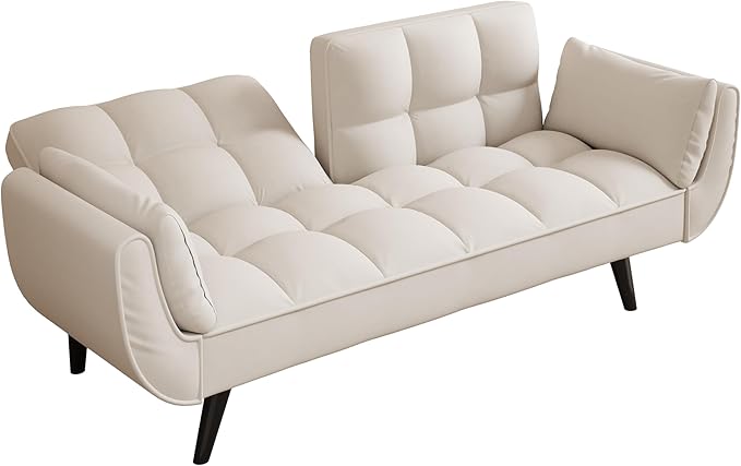 Olela Futon Sofa Bed Convertible Sleeper Couch 74 W Modern Velvet Loveseat with Adjustable Backrests and Solid Wood Legs for Living Room Bedroom Small Space (Beige)