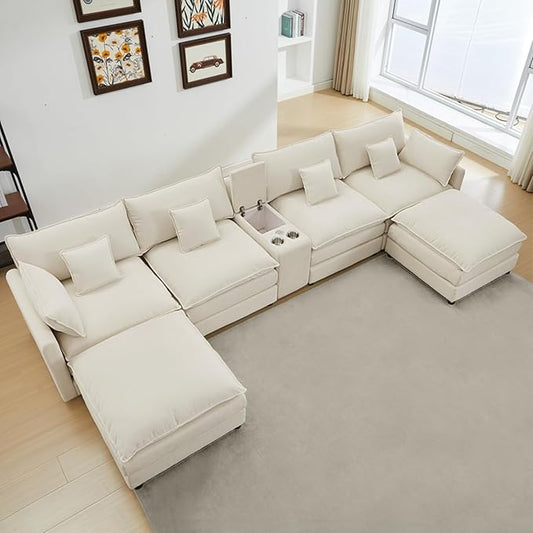 145 Oversized Modular Sectional Sofa U Shaped Cloud Couch 6 Seat Sofa Set for Living Room Comfy Fluffy Chenille Deep Seat with Storage Central Console Movable Ottomans Cup Holders USB Ports White