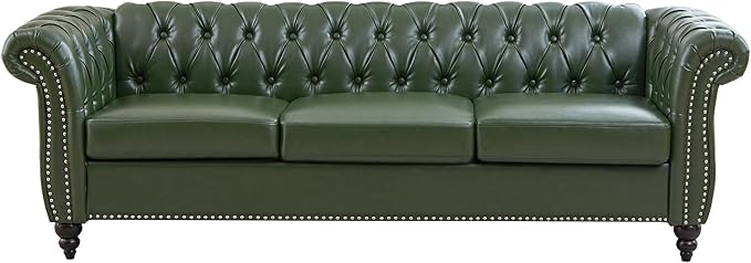 LEVNARY Chesterfield Sofa 3 Seater Tufted Couch for Living Room Classic Button Tufted Upholstered Sofa Modern Mid-Century PU Leather Sofa (Green)