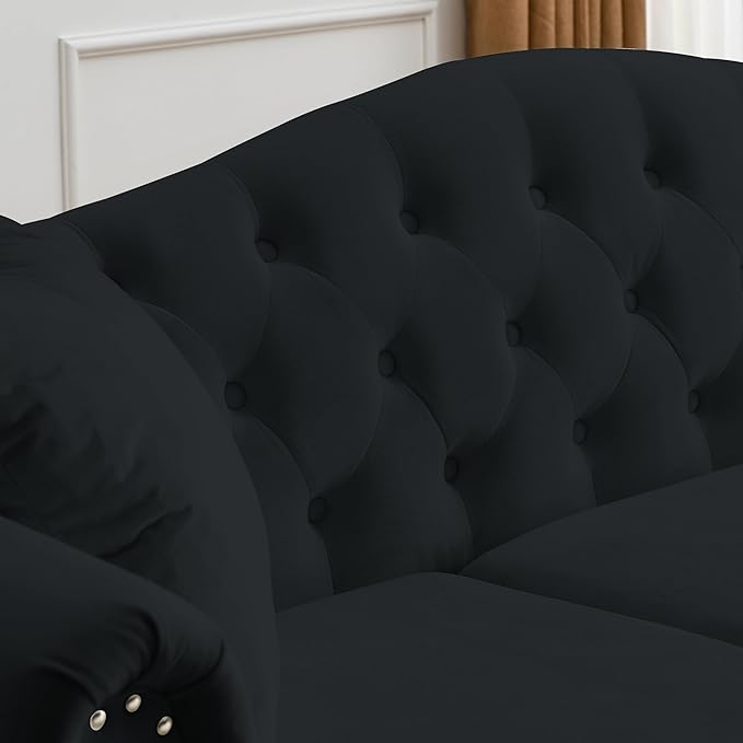 79 2 Piece 3-Seater Velvet Chesterfield Sofa for Living RoomCombination Sofa with 4 PillowsButton Tufted Trimming Curved Backrest Rolled Arms with Black Legs (Black79 3+3 Sofa Sets)
