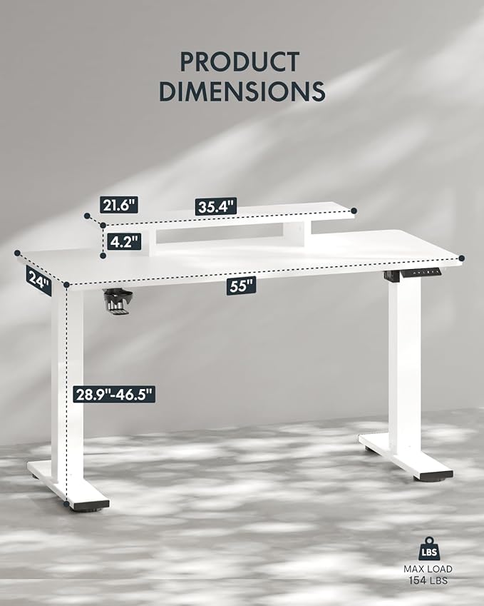 FLEXISPOT Standing Desk with Monitor Stand 55 x 24 Inches One-Piece Electric Height Adjustable Computer Desk with Cup Holder for Home Office White