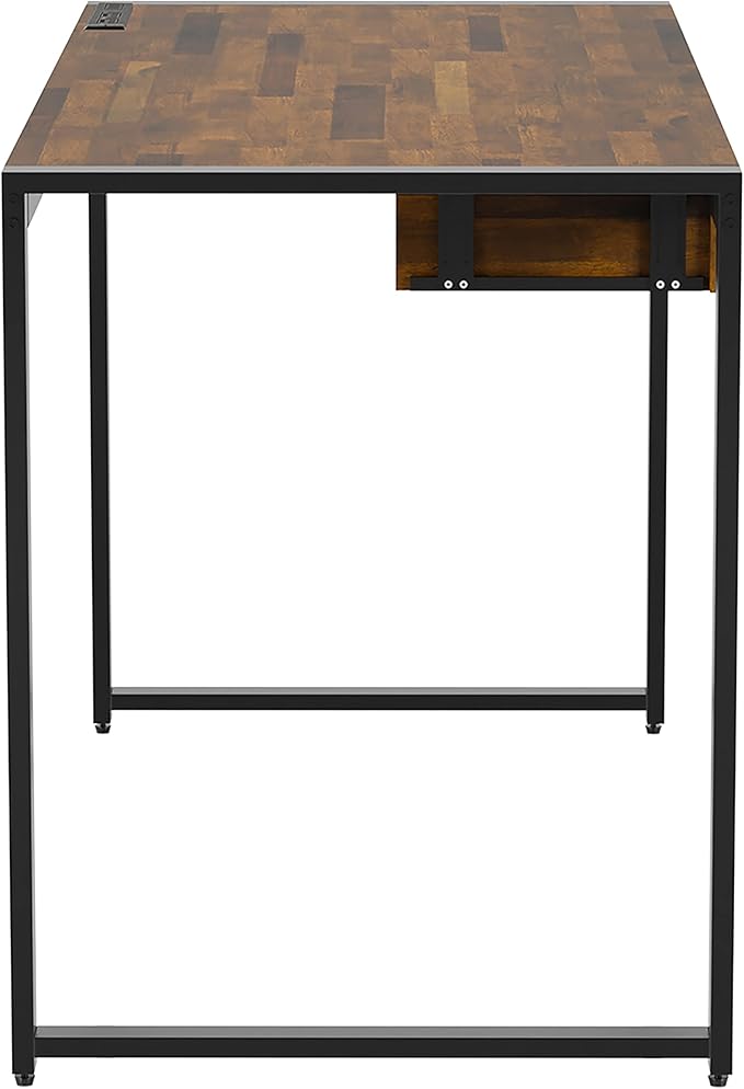 HOMES: Inside + Out Siggers Industrial 1-Drawer Metal USB Port 51 in. Desk for Study Room Home Office Living Room Sand Black and Natural Brown