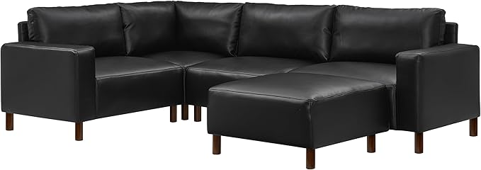 KEIKI PU Leather Sectional Couch Sofa Set with Ottoman Luxury 5 Seater U-Shaped Sleeper Cloud Couches Bed Comfy Modular Convertible L-Shaped Sofabed for Office Living Room Easy Assembly Black
