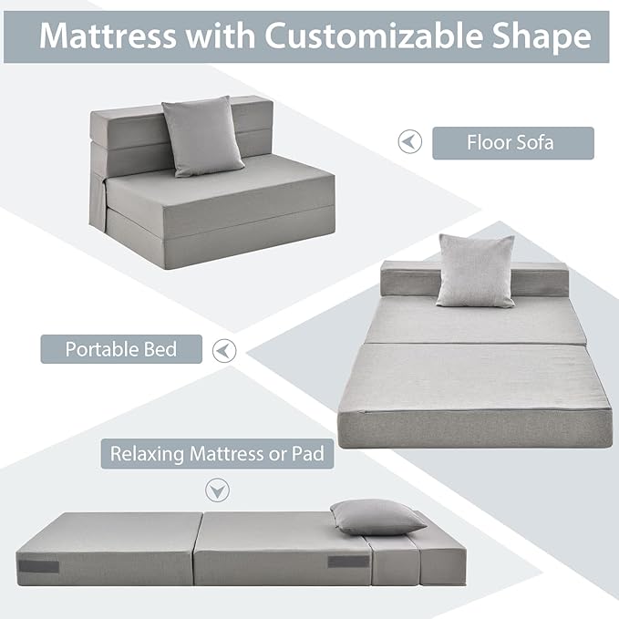Giantex 6 Inch Folding Sofa Bed Couch with Pillow Tri-fold Mattress with High-Density Foam Foldable Floor Couch with Headrest Portable Guest Bed with Zippered &amp Washable Cover Grey