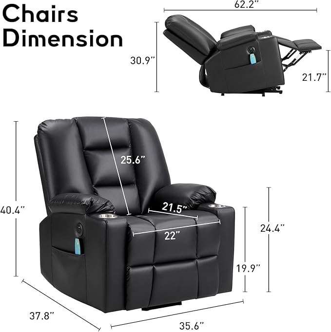 Bonzy Home Power Lift Chair with Heat and Massage Faux Leather Lift Recliner Chair for Adults Elderly Upholstered Recliner with 2 Cup Holders Side Pocket USB and Type-c Port Black
