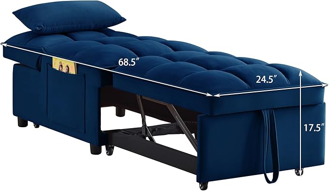 3 in 1 Convertible Sleeper Sofa Chair Velvet Tufted Single Pull Out Couch Bed with Adjustable Backrest and Pillow Multi-Function Chaise Lounge with Pockets for Livingroom Home OfficeNavy
