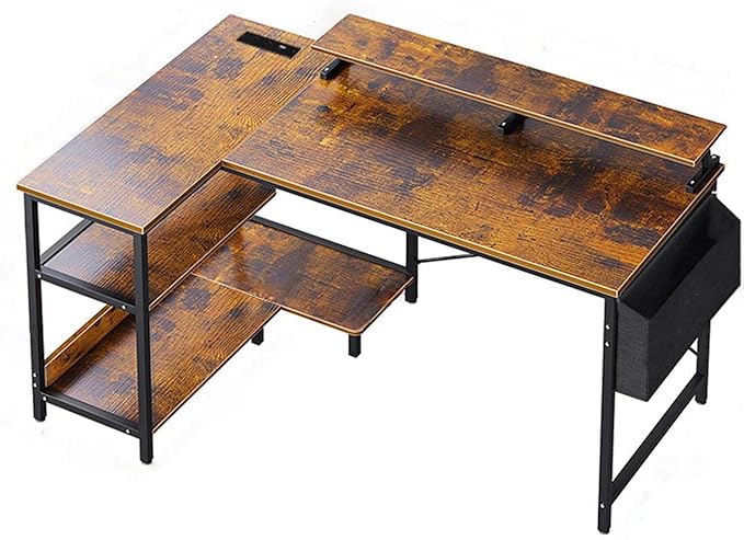 47'' Home Office Desks Corner Gaming Desks with Power Outlets Black Brown Reversible L Shaped Computer Desk with Monitor Stand Storage Shelves and Side Bag for Home Office Bedroom Small Space