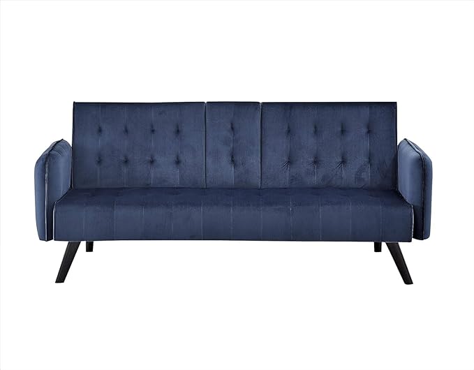 Container Furniture Direct 72 Velvet Convertible Sofa Bed with Cup Holders Tufted Folding Futon Sleeper Couch Mid-Century Modern 3 Seater for Small Spaces 72 L x 34.6 D x 31 H Dark Blue