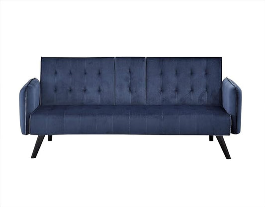 Container Furniture Direct 72 Velvet Convertible Sofa Bed with Cup Holders Tufted Folding Futon Sleeper Couch Mid-Century Modern 3 Seater for Small Spaces 72 L x 34.6 D x 31 H Dark Blue