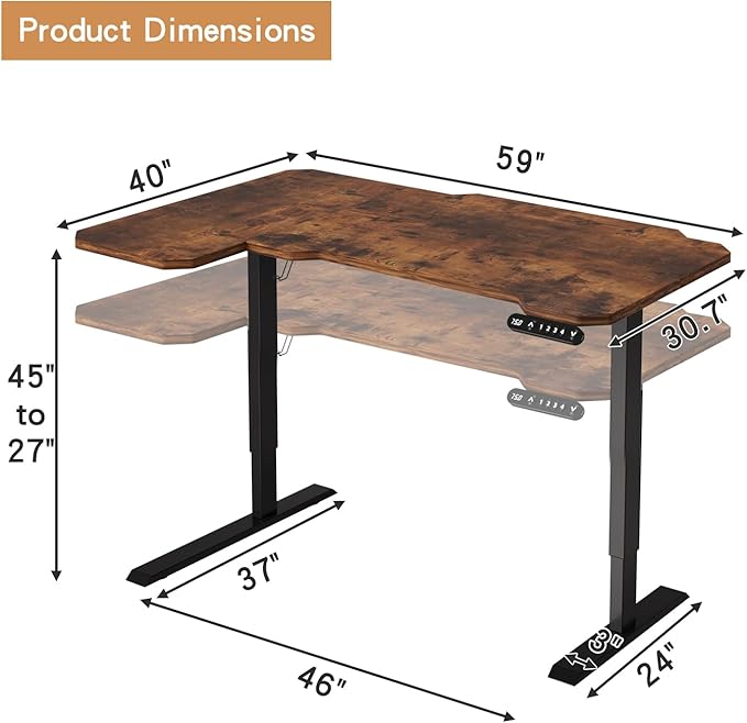 Electric Height Adjustable Standing Desk 59 L-Shaped Sit - Stand Desk for Work or Home Office Push Button Memory Settings Brown Splice Board/Black Frame