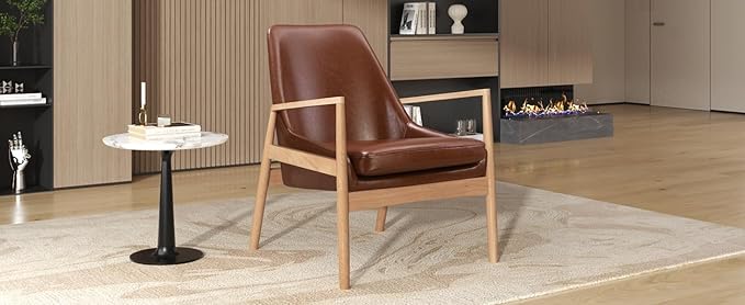 PU Leather Accent Chair Mid Century Modern Armchair with Solid Wood e Reading Leisure Chair with High Back for Living Room